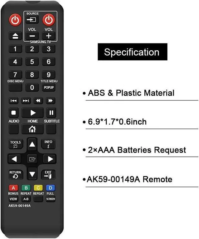 Alt view image 3 of 6 - New Ak59-00149A Remote Fit For Samsung Blu-Ray Disc Dvd Player Bd-F5100 Bd-F5500/Zf Bd-Fm51 Bd-Fm57C Bd-H5100 Bd-H5900 Bd-Hm51 Bd-Hm59 Bd-Hm59 Bd-J5100 Bd-J5700 Bd-J5900 Bd-Jm51 Bd-Jm57 Bd-Jm59