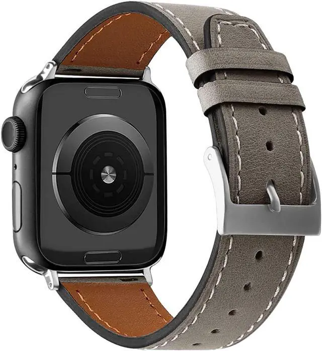 Main image of Double-Sided Leather Bands Compatible With Apple Watch Band 42Mm 44Mm 45Mm, Soft Genuine Leather Smart Watch Replacement Strap Compatible For Men Women Iwatch Series7 6 5 4 3 2 1, Se Silver Buckle