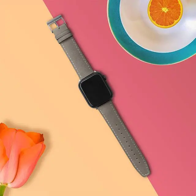 Alt view image 4 of 7 - Double-Sided Leather Bands Compatible With Apple Watch Band 42Mm 44Mm 45Mm, Soft Genuine Leather Smart Watch Replacement Strap Compatible For Men Women Iwatch Series7 6 5 4 3 2 1, Se Silver Buckle