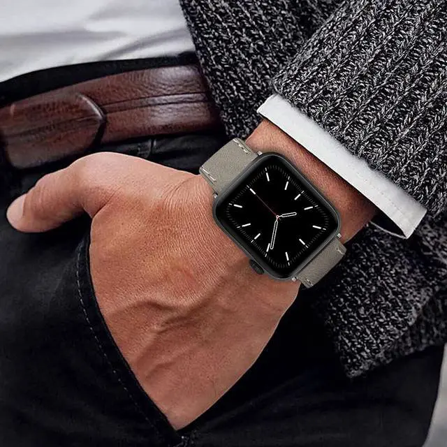 Alt view image 6 of 7 - Double-Sided Leather Bands Compatible With Apple Watch Band 42Mm 44Mm 45Mm, Soft Genuine Leather Smart Watch Replacement Strap Compatible For Men Women Iwatch Series7 6 5 4 3 2 1, Se Silver Buckle