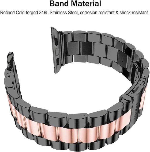 Alt view image 3 of 7 - For Apple Watch Band 42Mm, 42Mm Iwatch Band Stainless Steel Replacement Band Wrist Bands With Durable Folding Metal Buckle Clasp For 42Mm Apple Watch Band Series 3/2/1 - Black/Rose Gold