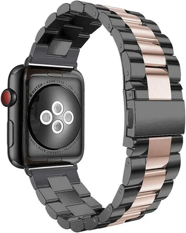 Main image of For Apple Watch Band 42Mm, 42Mm Iwatch Band Stainless Steel Replacement Band Wrist Bands With Durable Folding Metal Buckle Clasp For 42Mm Apple Watch Band Series 3/2/1 - Black/Rose Gold
