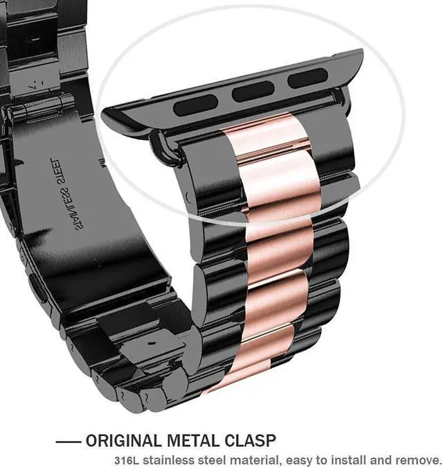 Alt view image 4 of 7 - For Apple Watch Band 42Mm, 42Mm Iwatch Band Stainless Steel Replacement Band Wrist Bands With Durable Folding Metal Buckle Clasp For 42Mm Apple Watch Band Series 3/2/1 - Black/Rose Gold