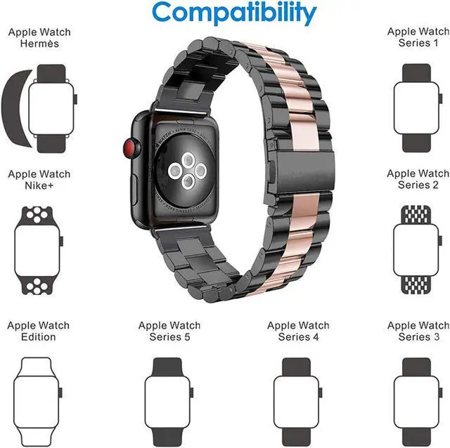 Alt view image 6 of 7 - For Apple Watch Band 42Mm, 42Mm Iwatch Band Stainless Steel Replacement Band Wrist Bands With Durable Folding Metal Buckle Clasp For 42Mm Apple Watch Band Series 3/2/1 - Black/Rose Gold