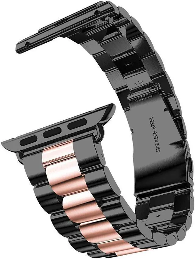 Alt view image 2 of 7 - For Apple Watch Band 42Mm, 42Mm Iwatch Band Stainless Steel Replacement Band Wrist Bands With Durable Folding Metal Buckle Clasp For 42Mm Apple Watch Band Series 3/2/1 - Black/Rose Gold
