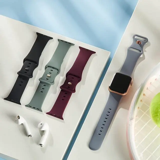 Alt view image 3 of 7 - Compatible With Apple Watch Band 38Mm 40Mm 41Mm, Soft Silicone Sport Straps Replacement Wristbands For Iwatch Series 7 6 5 4 3 2 1 Se Women Men, Black, Wine, Olivegreen, Bluegray