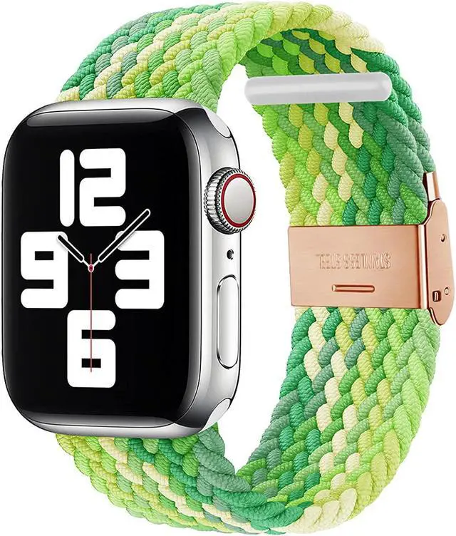Main image of Compatible With Apple Watch Bands 38Mm 40Mm 41Mm 42Mm 44Mm 45Mm, Braided Solo Loop Stretchy Elastic Wristband With Rose Gold Buckles For Series 7/6/Se/5/4/3/2/1 Neon Lime, 42Mm/44Mm/45Mm