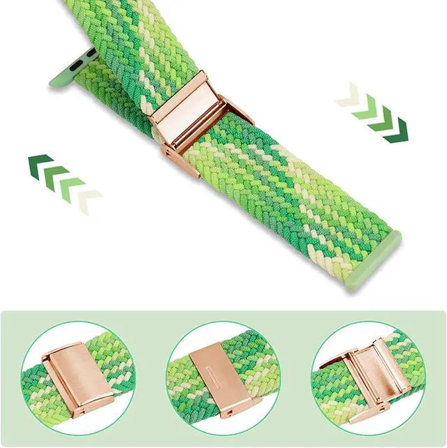 Alt view image 2 of 6 - Compatible With Apple Watch Bands 38Mm 40Mm 41Mm 42Mm 44Mm 45Mm, Braided Solo Loop Stretchy Elastic Wristband With Rose Gold Buckles For Series 7/6/Se/5/4/3/2/1 Neon Lime, 42Mm/44Mm/45Mm