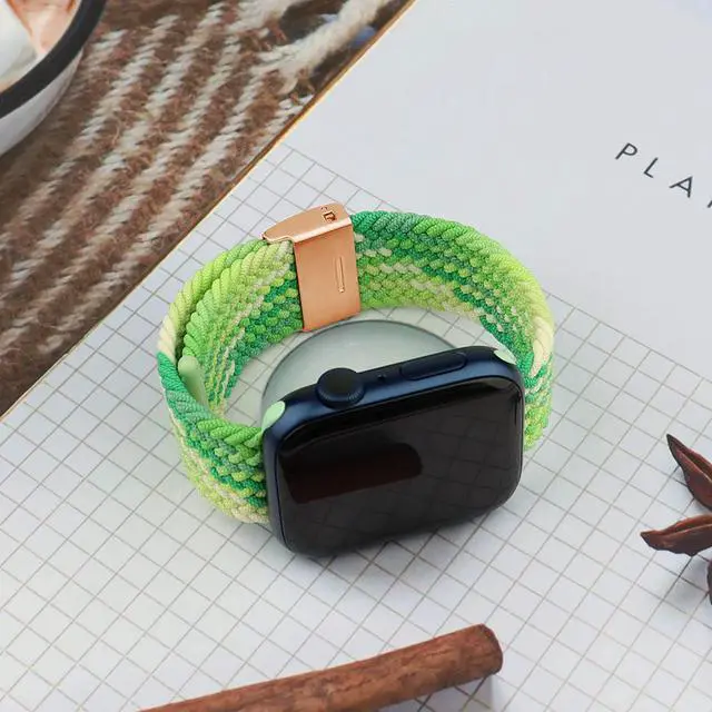 Alt view image 4 of 6 - Compatible With Apple Watch Bands 38Mm 40Mm 41Mm 42Mm 44Mm 45Mm, Braided Solo Loop Stretchy Elastic Wristband With Rose Gold Buckles For Series 7/6/Se/5/4/3/2/1 Neon Lime, 42Mm/44Mm/45Mm