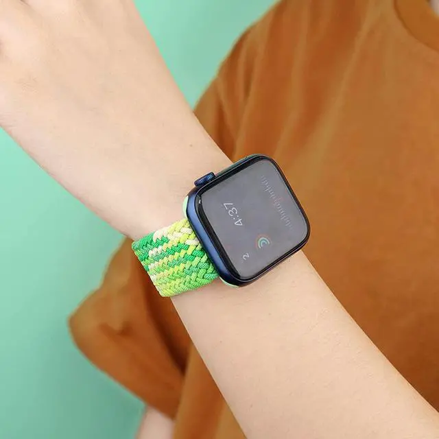 Alt view image 5 of 6 - Compatible With Apple Watch Bands 38Mm 40Mm 41Mm 42Mm 44Mm 45Mm, Braided Solo Loop Stretchy Elastic Wristband With Rose Gold Buckles For Series 7/6/Se/5/4/3/2/1 Neon Lime, 42Mm/44Mm/45Mm