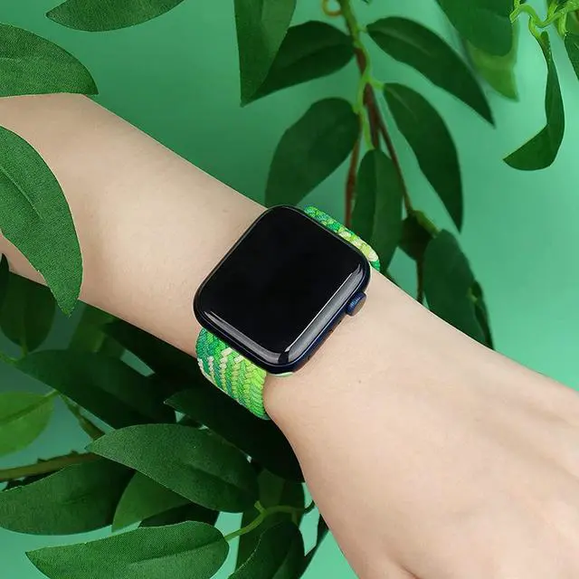 Alt view image 6 of 6 - Compatible With Apple Watch Bands 38Mm 40Mm 41Mm 42Mm 44Mm 45Mm, Braided Solo Loop Stretchy Elastic Wristband With Rose Gold Buckles For Series 7/6/Se/5/4/3/2/1 Neon Lime, 42Mm/44Mm/45Mm