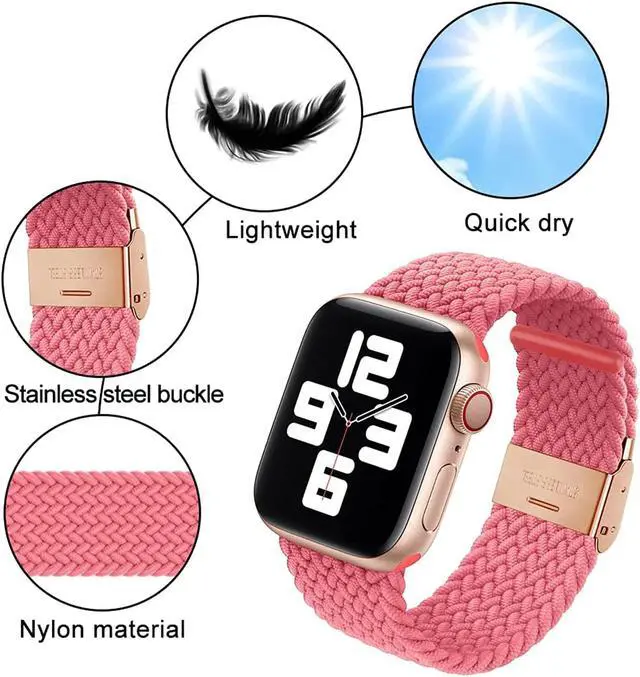 Alt view image 4 of 7 - Compatible With Apple Watch Bands 38Mm 40Mm 41Mm 42Mm 44Mm 45Mm, Stretchable Braided Solo Loop Elastics Replacement Sport Wristband For Iwatch Series 7/6/Se/5/4/3/2/1 With Rosegold Buckles