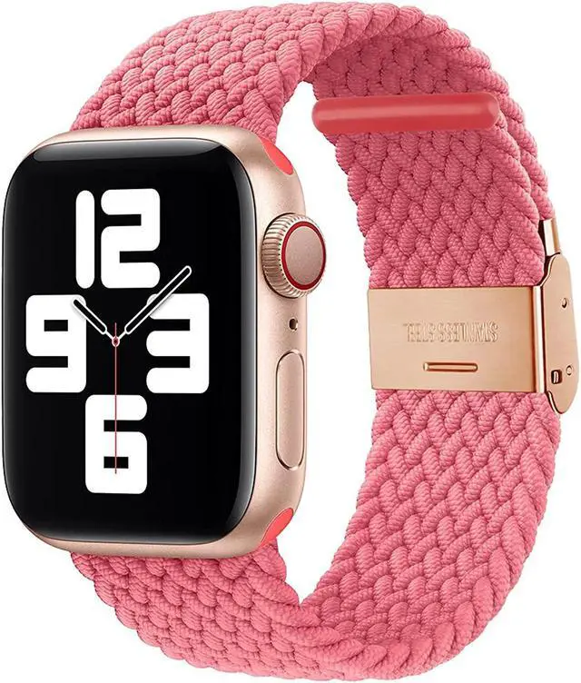 Main image of Compatible With Apple Watch Bands 38Mm 40Mm 41Mm 42Mm 44Mm 45Mm, Stretchable Braided Solo Loop Elastics Replacement Sport Wristband For Iwatch Series 7/6/Se/5/4/3/2/1 With Rosegold Buckles
