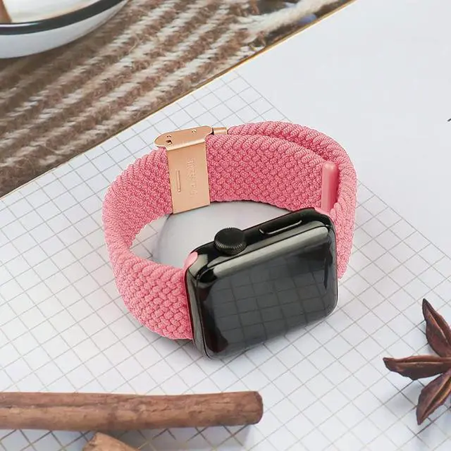 Alt view image 7 of 7 - Compatible With Apple Watch Bands 38Mm 40Mm 41Mm 42Mm 44Mm 45Mm, Stretchable Braided Solo Loop Elastics Replacement Sport Wristband For Iwatch Series 7/6/Se/5/4/3/2/1 With Rosegold Buckles