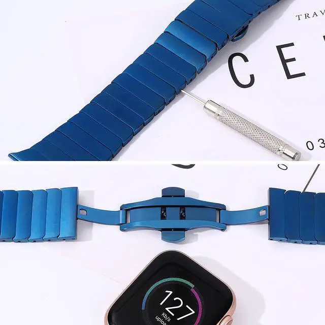 Alt view image 3 of 7 - Compatible With Apple Watch Straps, Business Solid Stainless Steel Butterfly Buckle One Bead Metal Strap To Replace Iwatch, Suitable For Apple Watch Series 7/6/5/4/3/2/1/Se 42Mm/44Mm 38Mm/42Mm B