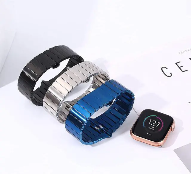 Alt view image 4 of 7 - Compatible With Apple Watch Straps, Business Solid Stainless Steel Butterfly Buckle One Bead Metal Strap To Replace Iwatch, Suitable For Apple Watch Series 7/6/5/4/3/2/1/Se 42Mm/44Mm 38Mm/42Mm B
