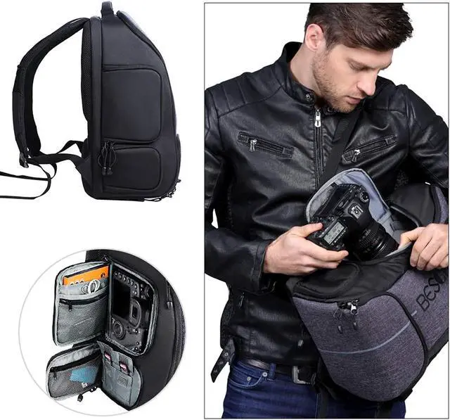 Alt view image 4 of 7 - Camera Backpack, Waterproof Camera Bag Photography Bag With Tripod Strap And Rain Cover Large Capacity Rucksack For Dslr Camera, Speedlite Flash, Camera Tripod, Laptops, Lens And Accessories