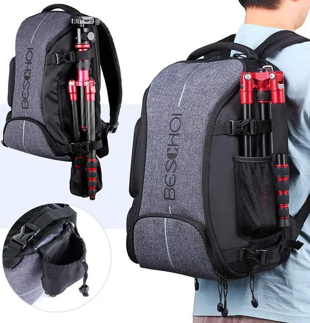 Alt view image 5 of 7 - Camera Backpack, Waterproof Camera Bag Photography Bag With Tripod Strap And Rain Cover Large Capacity Rucksack For Dslr Camera, Speedlite Flash, Camera Tripod, Laptops, Lens And Accessories