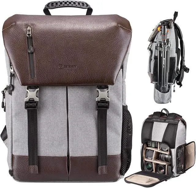Alt view image 2 of 7 - Camera Backpack + Leather Camera Strap | Waterproof Camera Bag With 15.6 Inch Laptop Compartment + Adjustable Camera Neck Strap Vintage For Dslr Slr Mirrorless Cameras