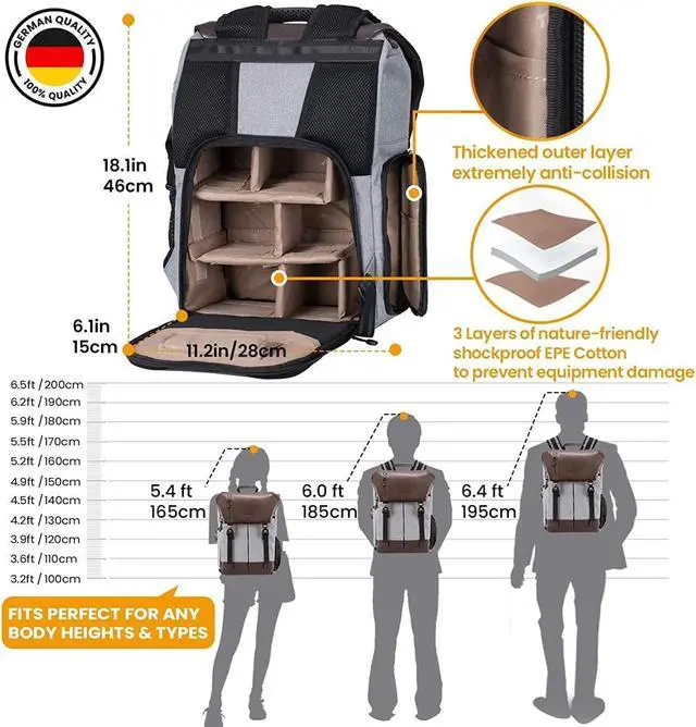 Alt view image 6 of 7 - Camera Backpack + Leather Camera Strap | Waterproof Camera Bag With 15.6 Inch Laptop Compartment + Adjustable Camera Neck Strap Vintage For Dslr Slr Mirrorless Cameras