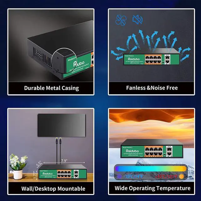 Alt view image 7 of 7 - 8 Port Ethernet Gigabit Poe Switch With 2 Uplink,1000Mbps Poe Unmanaged Network Switch,120W, Plug & Play, Vlan, Compatible With Access Point-Ap And Poe Surveillance Camera