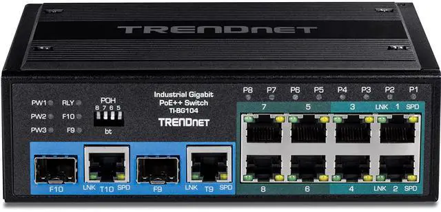 Alt view image 3 of 7 - TRENDnet 10-Port Hardened Industrial Unmanaged Gigabit PoE ++ DIN-Rail Switch, 4 Gigabit PoE++ Ports, 4 Gigabit PoE+, 2 Gigabit Share Ports SFP or RJ-45, 360W Power Budget, TI-BG104