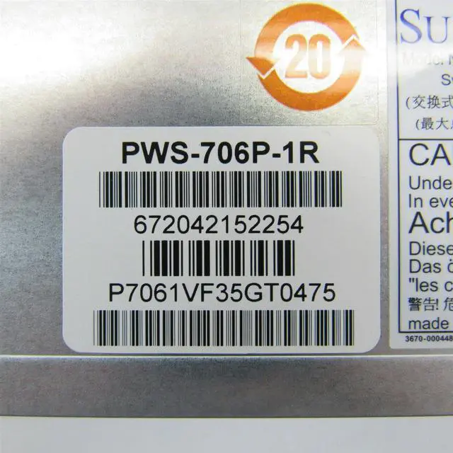 Alt view image 8 of 10 - Supermicro PWS-706P-1R 1U 700/750W Single Output Power Supply Platinum level, 54.5mm width