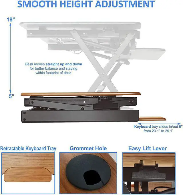 Alt view image 8 of 12 - Rocelco 32" Height Adjustable Standing Desk Converter - Sit Stand Computer Workstation Riser - Dual Monitor Retractable Keyboard Tray Gas Spring Assist - Teak Wood Grain (R EADRT)