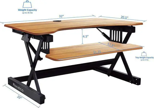 Alt view image 9 of 12 - Rocelco 32" Height Adjustable Standing Desk Converter - Sit Stand Computer Workstation Riser - Dual Monitor Retractable Keyboard Tray Gas Spring Assist - Teak Wood Grain (R EADRT)