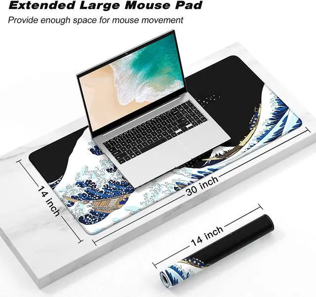 Alt view image 2 of 7 - Extended Gaming Mouse Pad, Xxl Large Desk Pad 30 X 14 Inch, Big Computer Keyboard Mousepad, Waterproof Mouse Mat With Stitched Edges And Non-Slip Base For Women Office Gaming, Sea Waves