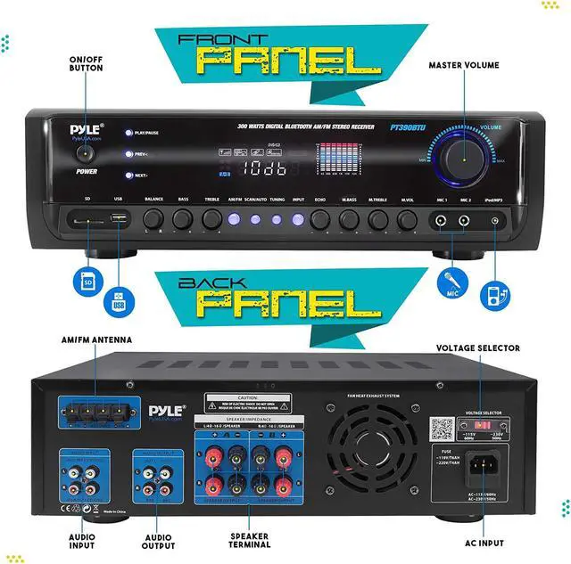 Alt view image 20 of 20 - Digital Home Theater Bluetooth Stereo Receiver, Aux (3.5mm) Input, MP3/USB/SD/AM/FM Radio, (2) Mic Inputs, 300 Watt