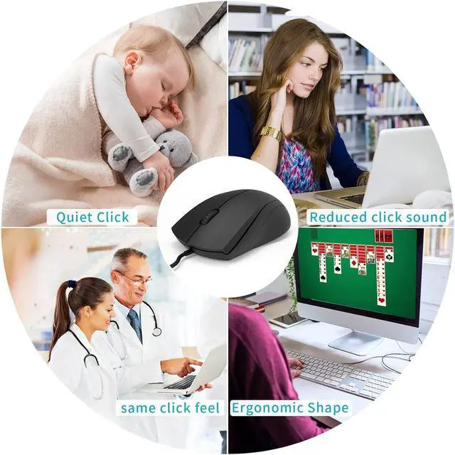 Alt view image 6 of 7 - Zell Silent Wired Mouse, 1000 Dpi 5Ft Cord Quiet Button Optical Computer Mouse, Left Right Hand Use, For Laptop Chromebook Mac Notebook, Matte Black