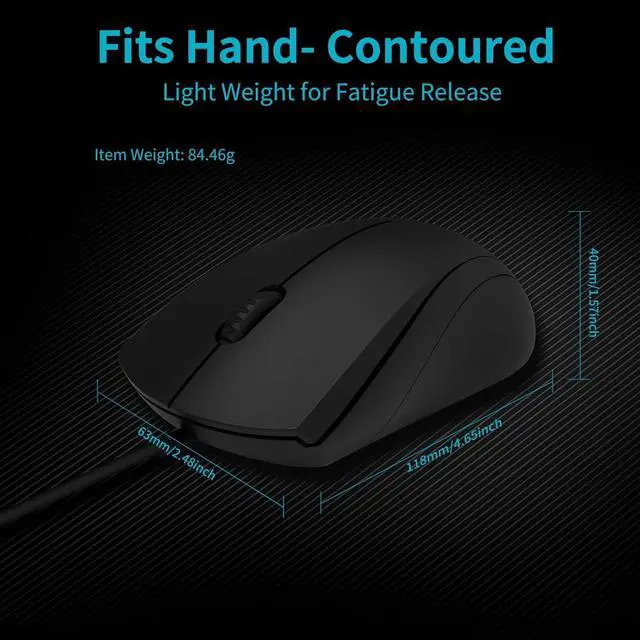 Alt view image 7 of 7 - Zell Silent Wired Mouse, 1000 Dpi 5Ft Cord Quiet Button Optical Computer Mouse, Left Right Hand Use, For Laptop Chromebook Mac Notebook, Matte Black