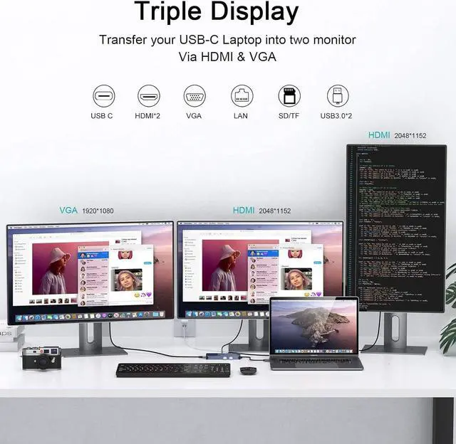 Alt view image 5 of 6 - Zell Usb Docking Station Usb C Hub Usb 3.0 To Dual Vga Adapter Triple Display Usb C Laptop Docking Station Dual Display Compatible With Macbook M1 Usb Dock-Grey