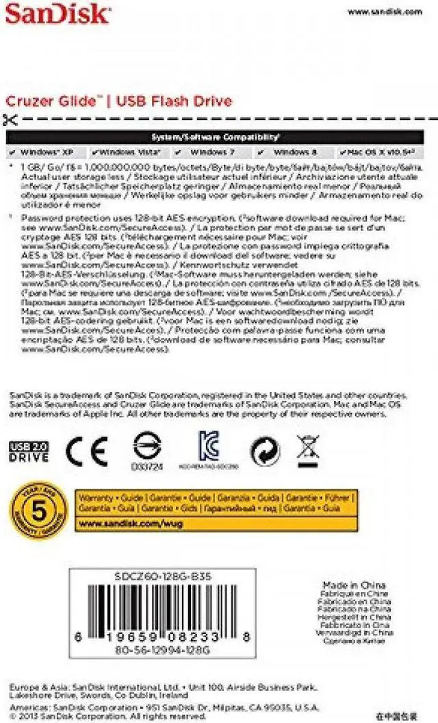 Alt view image 4 of 6 - SanDisk Cruzer Glide CZ60 128GB USB 2.0 Flash Drive SDCZ60128GB35