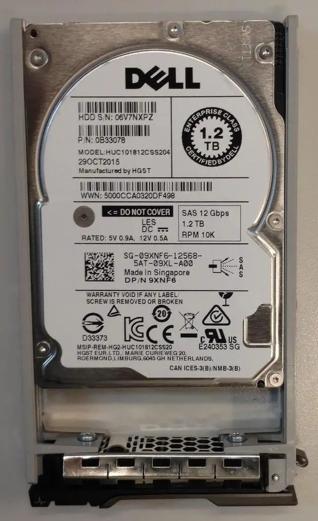 Main image of Dell 1.2TB 10K SAS 12G 12GB/s 9XNF6 HUC101812CSS204 Hard Drive with Labeled Tray