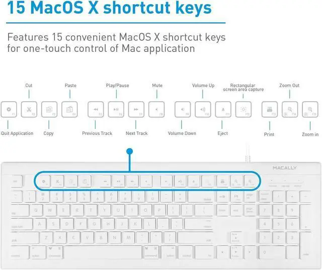 Alt view image 5 of 6 - Macally Full Size USB Wired Keyboard (MKEYE) for Mac and PC (White) w/Shortcu...