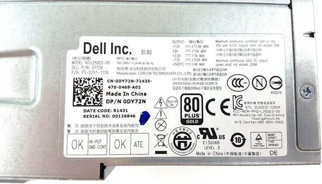 Alt view image 2 of 2 - Dell OptiPlex 3010 7010 9010 250W Power Supply L250ED-00 DY72N 0DY72N CN-0DY72N