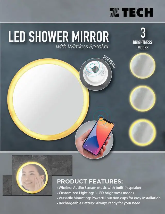 Alt view image 4 of 4 - ZTECH AquaTunes: LED Shower Mirror with Wireless Speaker