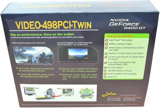 Alt view image 7 of 14 - JATON GeForce 9400 GT 1GB DDR2 PCI Low Profile Ready Graphics Card VIDEO-498PCI-TWIN