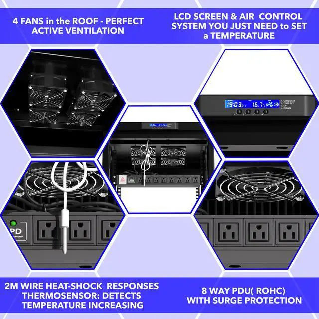 Alt view image 6 of 12 - Server Rack - Locking Cabinet - Network Rack - Av Cabinet - 27 U - Rack Mount - Free Standing Network Rack- Server Cabinet - Caster Leveler - Rack Shelf - Cooling Fan - Thermostat – PDU – 39-inch Dept