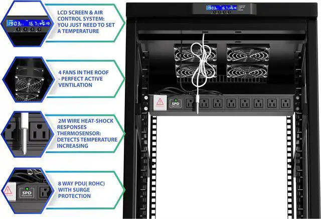 Alt view image 5 of 7 - Server Rack - Locking Cabinet - Network Rack - Av Cabinet - 22 U - Rack Mount - Free Standing Network Rack- Server Cabinet - Caster Leveler - Rack Shelf - Cooling Fans - Thermostat – PDU – 39" Depth