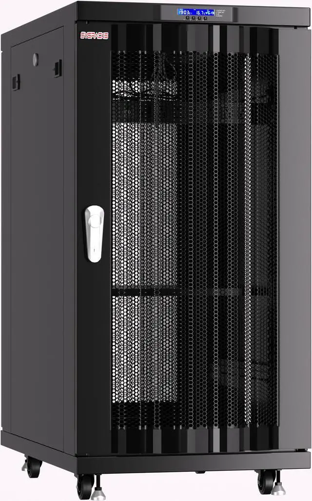 Alt view image 3 of 7 - Server Rack - Locking Cabinet - Network Rack - Av Cabinet - 18 U - Rack Mount - Free Standing Network Rack- Server Cabinet - Caster Leveler - Shelf - Cooling Fan - Thermostat - PDU - MESH DOORS