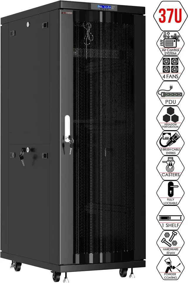Main image of Server Rack - Locking Cabinet - Network Rack - Av Cabinet - 37U - Rack Mount - Free Standing Network Rack- Server Cabinet - Caster Leveler - Shelf - Cooling Fan - Thermostat - PDU - MESH DOORS