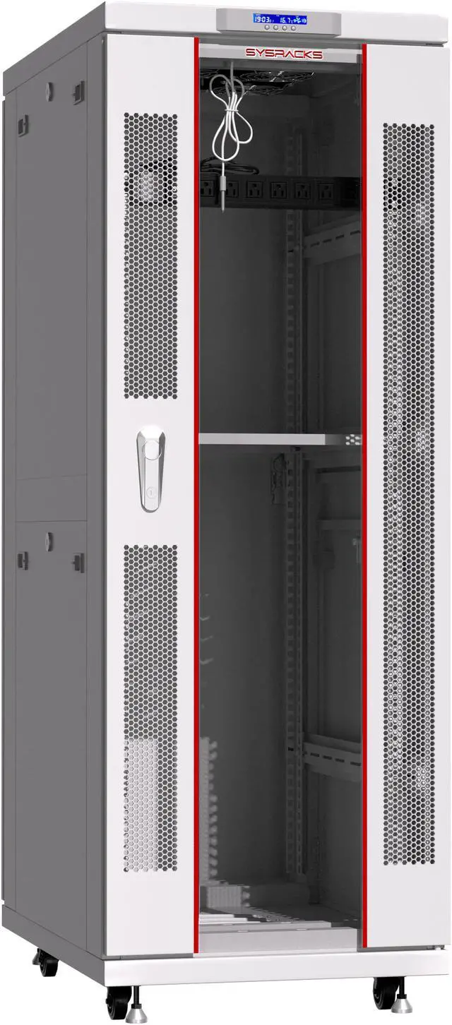 Alt view image 4 of 7 - Server Rack - Locking Server Cabinet - Network Rack - Av Cabinet - 32U - Rack Mount - Free Standing Network Rack - Thermosystem - LCD-Screen - Wheels Leveler - Shelf - Cooling Fan - PDU - Light Grey