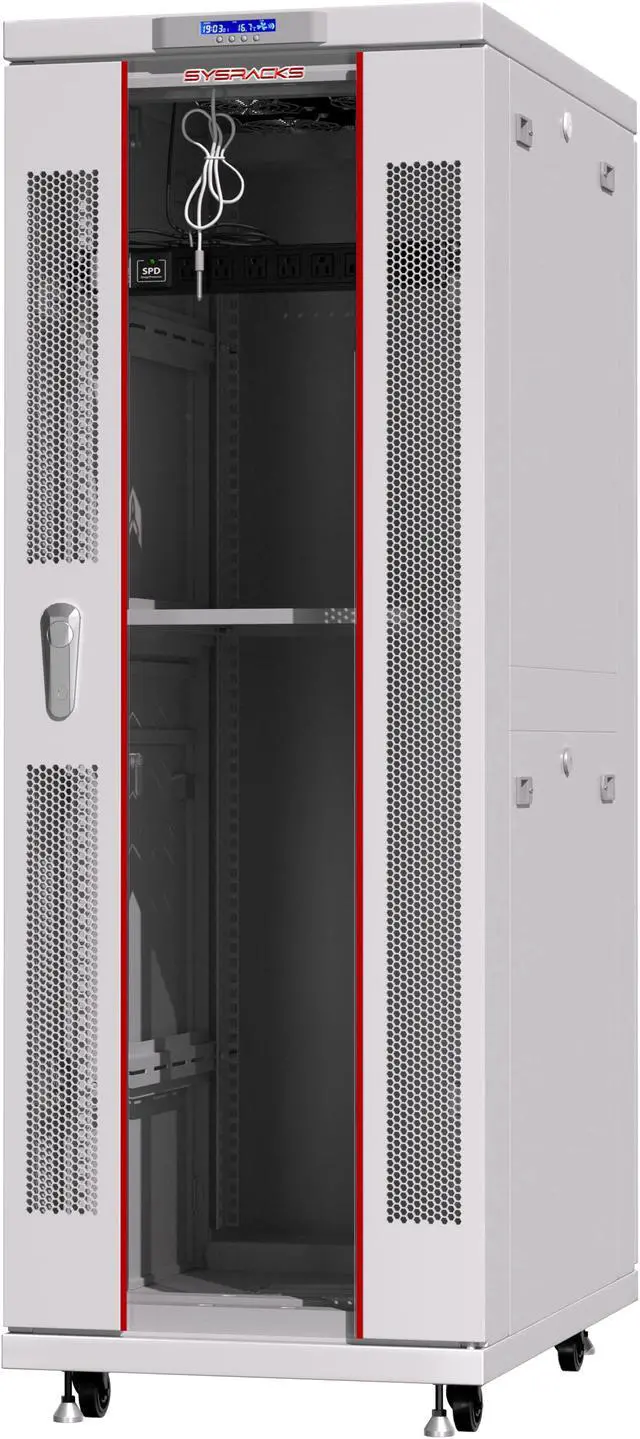 Alt view image 5 of 7 - Server Rack - Locking Server Cabinet - Network Rack - Av Cabinet - 32U - Rack Mount - Free Standing Network Rack - Thermosystem - LCD-Screen - Wheels Leveler - Shelf - Cooling Fan - PDU - Light Grey
