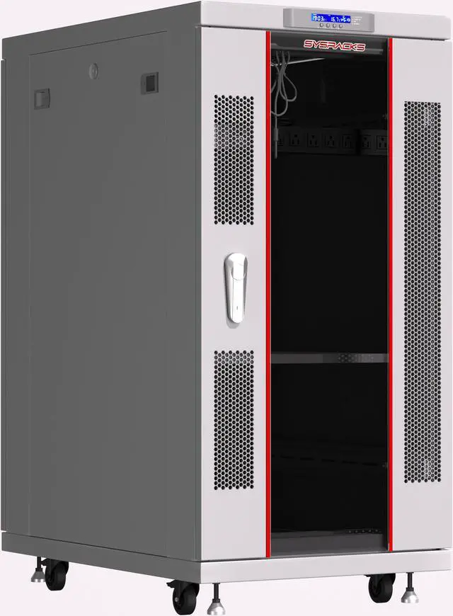 Alt view image 3 of 7 - Server Rack - Locking Cabinet - Network Rack - Av Cabinet - 18U - Rack Mount - Free Standing Network Rack- Server Cabinet - Caster Leveler - Shelf - Cooling Fan - Thermostat - PDU - Light Grey