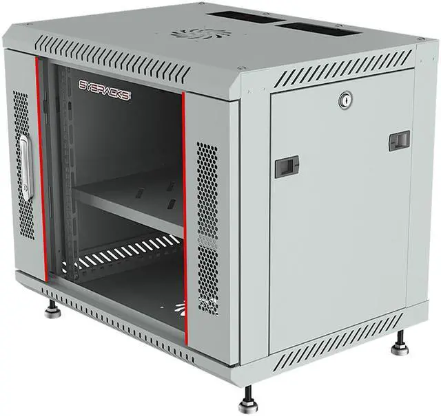 Alt view image 3 of 7 - Server Rack – 9U - Wall Mount Rack - Locking Cabinet for Network - Electronics - Security - Audio - Video - AV Equipment - Data Rack - Legs / Power Strip / Shelf / Fan - 24-Inch Deep - LIGHT GREY