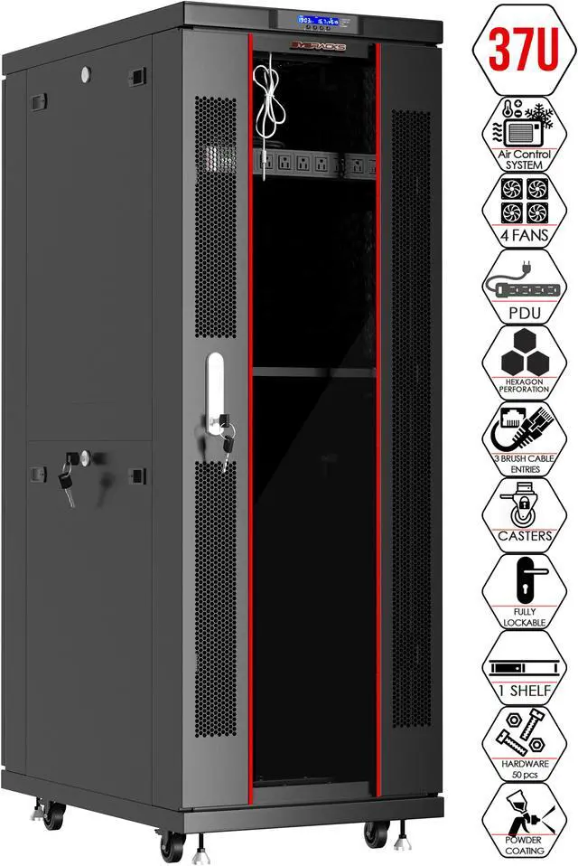 Main image of Server Rack - Locking Cabinet - Network Rack - Av Cabinet - 37U - Rack Mount - Free Standing Network Rack- Server Cabinet - Caster Leveler - Rack Shelf - Cooling Fans - Thermostat – PDU – 24" Depth