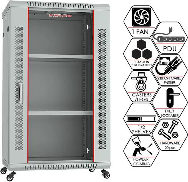 Alt view image 5 of 7 - Server Rack – 18U - Wall Mount Rack - Locking Cabinet for Network - Electronics - Security - Audio - Video - AV Equipment - Data Rack - Legs / Power Strip / Shelf / Fan - 24-Inch Deep - LIGHT GREY